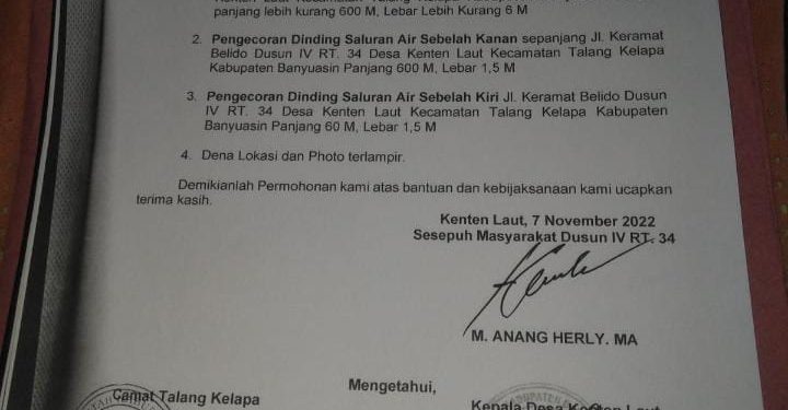 Proposal Jalan Keramat Belido Kenten Laut Sudah 3 Tahun Belum Terealisasi, Menunggu Gerak Cepat Pemkab Banyuasin